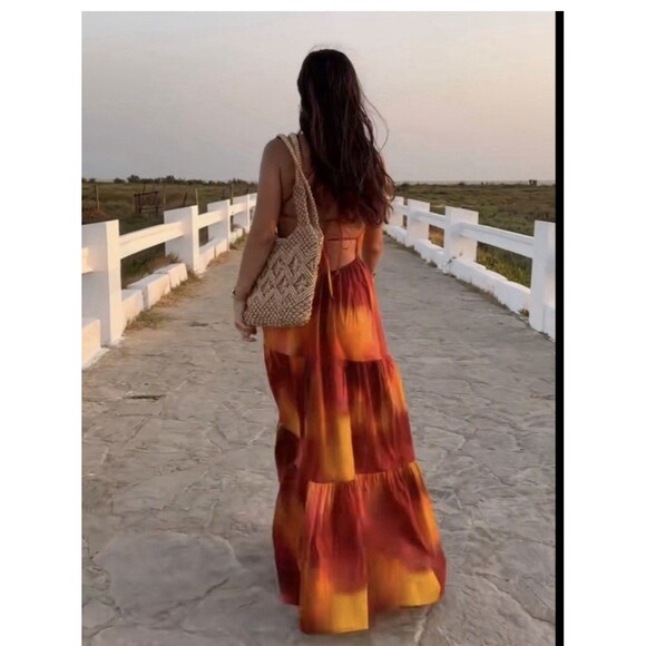 Zara 100% Cotton Maxi Dress Orange Sz XS - Picture 10 of 10